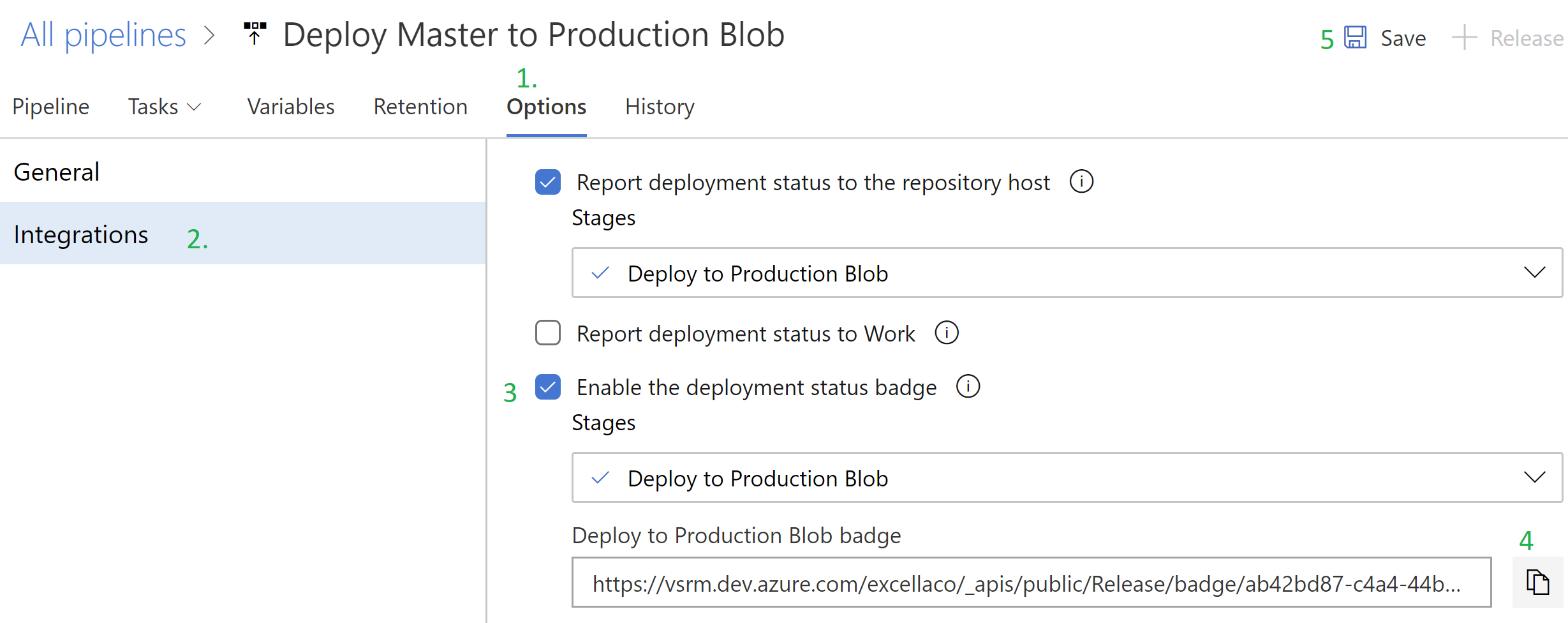 the release integrations options screen
