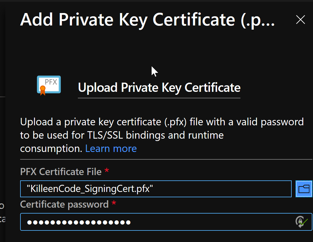 Certificate upload dialog