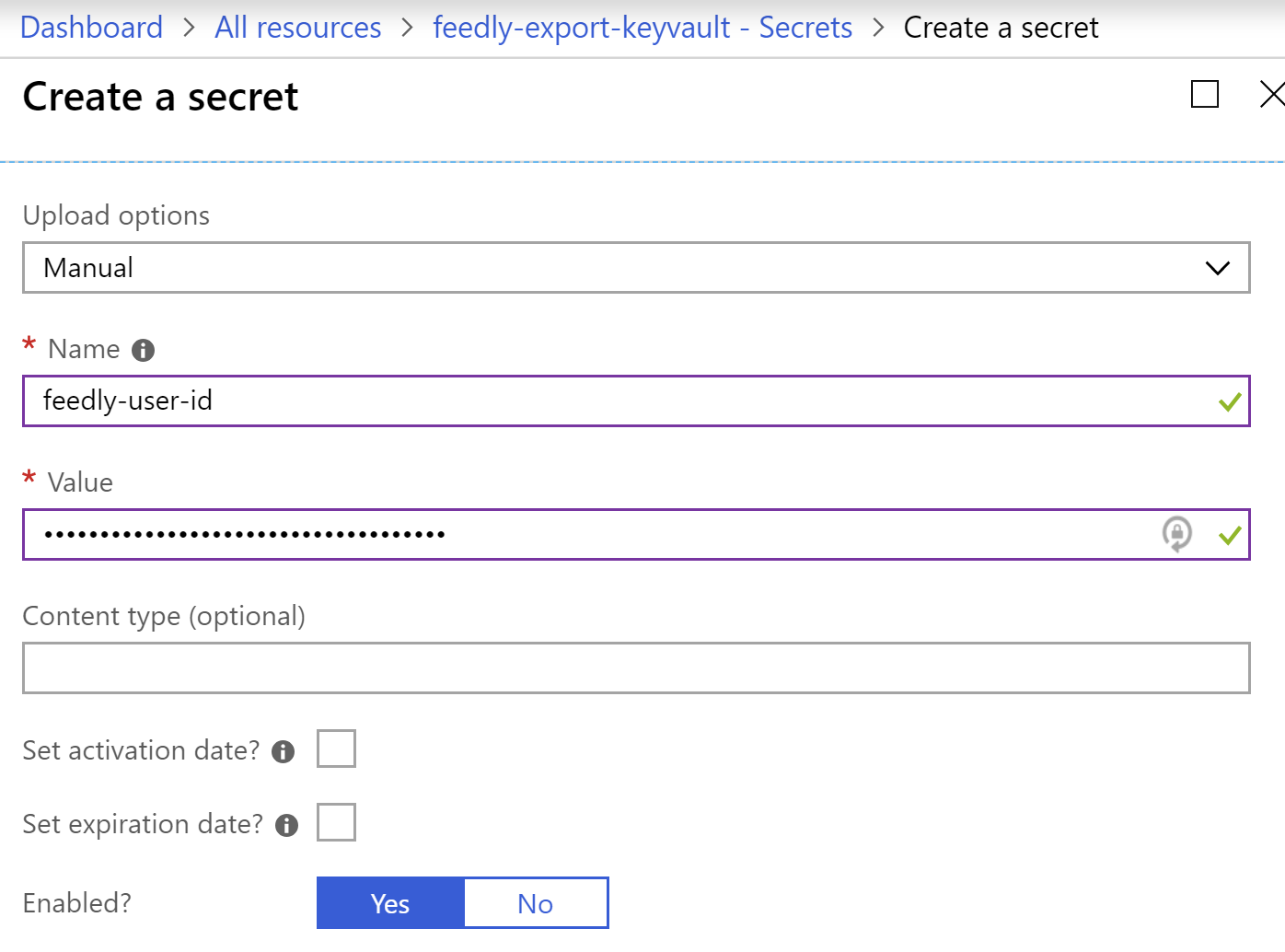 Entering the secret information